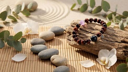 Natural Tiger Eye Stone Bracelet with Amethyst and Black Onyx Beads Silver Charm, Elastic Stretch Design in Saudi Arabia