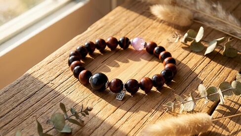 Natural Tiger Eye Stone Bracelet with Amethyst and Black Onyx Beads Silver Charm, Elastic Stretch Design in Saudi Arabia