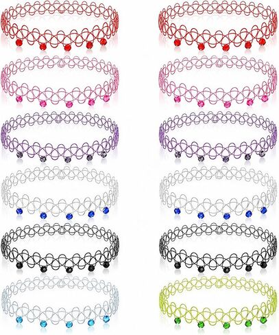 12PCS 90s Tattoo Choker Bracelet Set with Gemstone Beads, Colorful Stretchy Elastic Vintage Y2K Fashion Jewelry, Adjustable Retro Gothic Grunge Aesthetic Accessories for Women in Kuwait