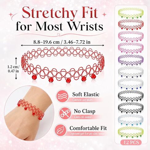 12PCS 90s Tattoo Choker Bracelet Set with Gemstone Beads, Colorful Stretchy Elastic Vintage Y2K Fashion Jewelry, Adjustable Retro Gothic Grunge Aesthetic Accessories for Women in Kuwait