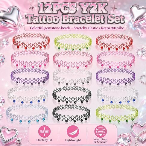 12PCS 90s Tattoo Choker Bracelet Set with Gemstone Beads, Colorful Stretchy Elastic Vintage Y2K Fashion Jewelry, Adjustable Retro Gothic Grunge Aesthetic Accessories for Women in Kuwait