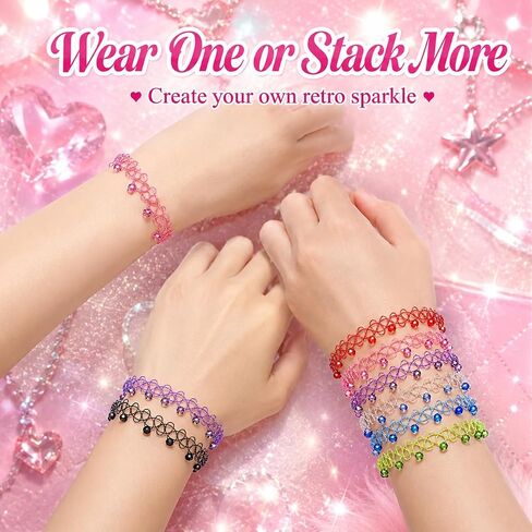 12PCS 90s Tattoo Choker Bracelet Set with Gemstone Beads, Colorful Stretchy Elastic Vintage Y2K Fashion Jewelry, Adjustable Retro Gothic Grunge Aesthetic Accessories for Women in Kuwait