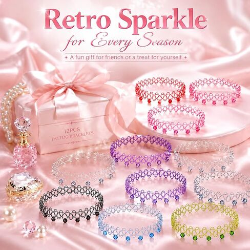 12PCS 90s Tattoo Choker Bracelet Set with Gemstone Beads, Colorful Stretchy Elastic Vintage Y2K Fashion Jewelry, Adjustable Retro Gothic Grunge Aesthetic Accessories for Women in Kuwait