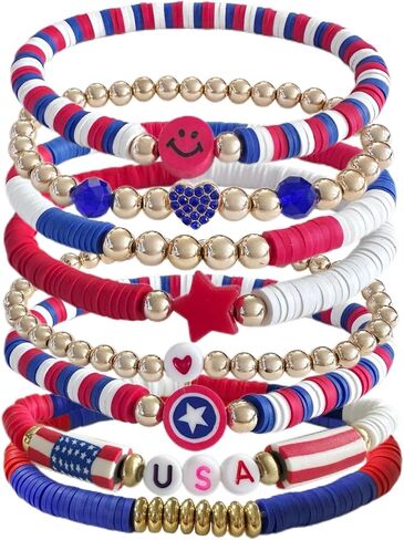 BONITTER 250 Anniversary USA Merchandise，Red, White and Blue Clay Beaded Stackable Stretch Bracelets, Patriotic America Jewelry, 4th of July Accessories, Independence Day Gift for Women and Men in Saudi Arabia