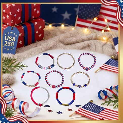 BONITTER 250 Anniversary USA Merchandise，Red, White and Blue Clay Beaded Stackable Stretch Bracelets, Patriotic America Jewelry, 4th of July Accessories, Independence Day Gift for Women and Men in Saudi Arabia