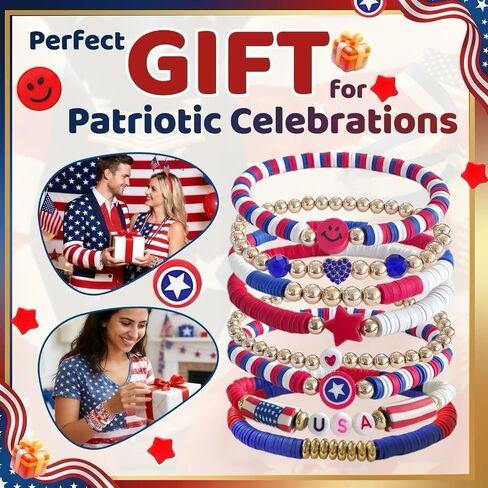 BONITTER 250 Anniversary USA Merchandise，Red, White and Blue Clay Beaded Stackable Stretch Bracelets, Patriotic America Jewelry, 4th of July Accessories, Independence Day Gift for Women and Men in Saudi Arabia