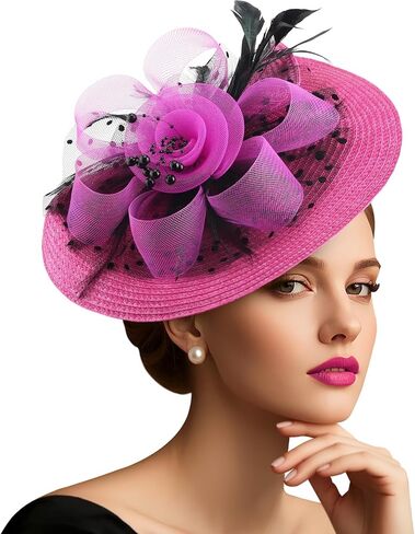 AQOKKA Fascinators Hats for Women Tea Party Flower Pearl Mesh Ribbon Feather Headband and Clip Kentucky Derby Hats for Girls in Kuwait