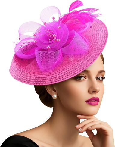 AQOKKA Fascinators Hats for Women Tea Party Flower Pearl Mesh Ribbon Feather Headband and Clip Kentucky Derby Hats for Girls in Kuwait