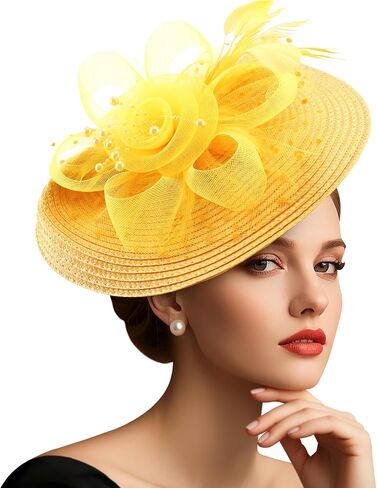 AQOKKA Fascinators Hats for Women Tea Party Flower Pearl Mesh Ribbon Feather Headband and Clip Kentucky Derby Hats for Girls in Kuwait