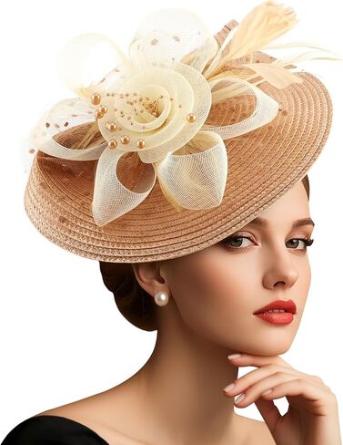 AQOKKA Fascinators Hats for Women Tea Party Flower Pearl Mesh Ribbon Feather Headband and Clip Kentucky Derby Hats for Girls in Kuwait
