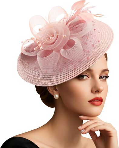 AQOKKA Fascinators Hats for Women Tea Party Flower Pearl Mesh Ribbon Feather Headband and Clip Kentucky Derby Hats for Girls in Kuwait