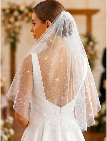 HEREAD Glitter Bride Wedding Veil 1 Tier Short Sparkle Shoulder Length Bridal Tulle Veils with Comb for Women in Saudi Arabia