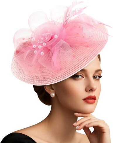 AQOKKA Fascinators Hats for Women Tea Party Flower Pearl Mesh Ribbon Feather Headband and Clip Kentucky Derby Hats for Girls in Kuwait