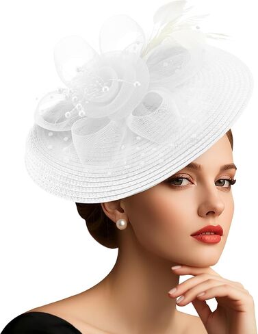 AQOKKA Fascinators Hats for Women Tea Party Flower Pearl Mesh Ribbon Feather Headband and Clip Kentucky Derby Hats for Girls in Kuwait