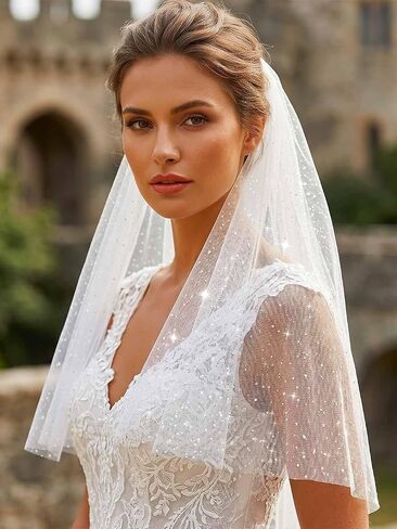 HEREAD Glitter Bride Wedding Veil 1 Tier Short Sparkle Shoulder Length Bridal Tulle Veils with Comb for Women in Saudi Arabia