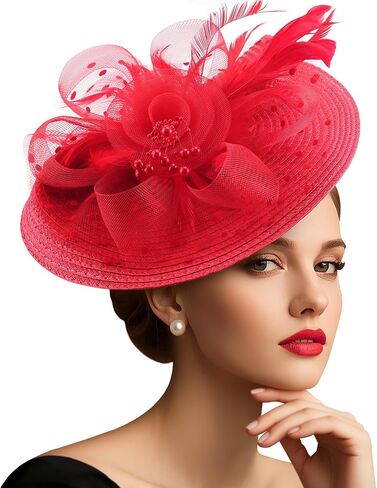 AQOKKA Fascinators Hats for Women Tea Party Flower Pearl Mesh Ribbon Feather Headband and Clip Kentucky Derby Hats for Girls in Kuwait