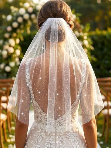 HEREAD Glitter Bride Wedding Veil 1 Tier Short Sparkle Shoulder Length Bridal Tulle Veils with Comb for Women in Saudi Arabia