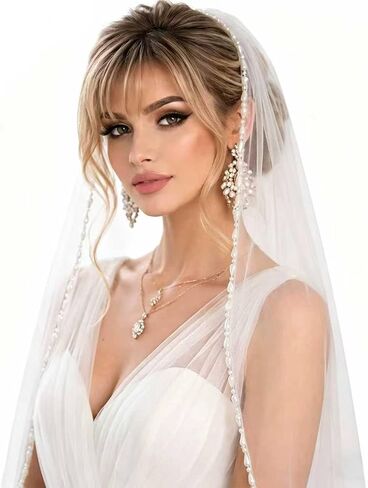 Fingertip Wedding Veil 1 Layer - Ivory Pearl Edge Bridal Veil with Comb, Lightweight Soft Tulle for Bride, Bridesmaid, Wedding Party Photo Shoot in Kuwait