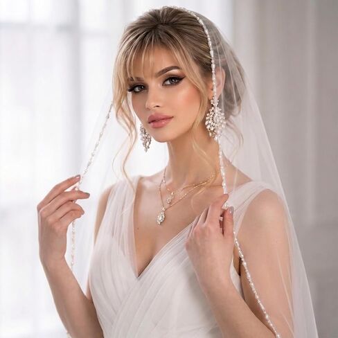 Fingertip Wedding Veil 1 Layer - Ivory Pearl Edge Bridal Veil with Comb, Lightweight Soft Tulle for Bride, Bridesmaid, Wedding Party Photo Shoot in Kuwait