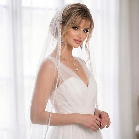 Fingertip Wedding Veil 1 Layer - Ivory Pearl Edge Bridal Veil with Comb, Lightweight Soft Tulle for Bride, Bridesmaid, Wedding Party Photo Shoot in Kuwait