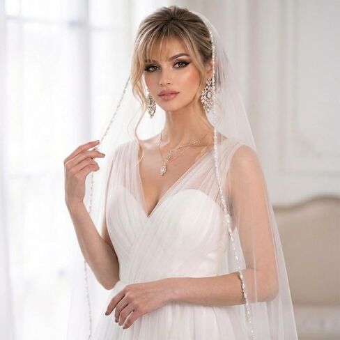 Fingertip Wedding Veil 1 Layer - Ivory Pearl Edge Bridal Veil with Comb, Lightweight Soft Tulle for Bride, Bridesmaid, Wedding Party Photo Shoot in Kuwait