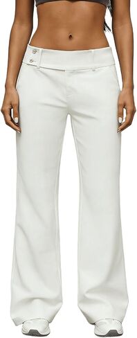 Women's Mid Rise Baggy Dress Pants Casual Loose Flared Business Work Pants Button Up Wide Leg Suit Trousers in Saudi Arabia