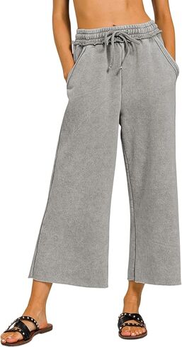 Ainangua Womens Casual Wide Leg Pants High Waist Drawstring Crop Acid Wash Sweatpants Lounge Palazzo Pants with Pockets in Saudi Arabia