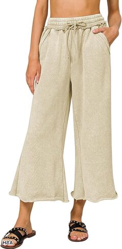 Ainangua Womens Casual Wide Leg Pants High Waist Drawstring Crop Acid Wash Sweatpants Lounge Palazzo Pants with Pockets in Saudi Arabia