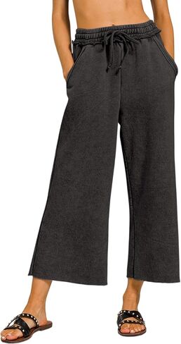 Ainangua Womens Casual Wide Leg Pants High Waist Drawstring Crop Acid Wash Sweatpants Lounge Palazzo Pants with Pockets in Saudi Arabia