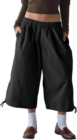 Women's Wide Leg Cargo Capris Pants Elastic Waist Baggy Cropped Pants with Poackets (Black-L) in Saudi Arabia