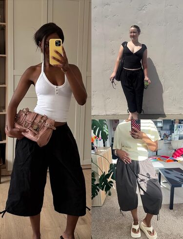 Women's Wide Leg Cargo Capris Pants Elastic Waist Baggy Cropped Pants with Poackets (Black-L) in Saudi Arabia