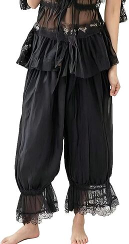 Women Linen Lace Trim Long Bloomers Pants Ruffle Vintage Pantaloons Summer Beach Travel Pants Y2K Casual Pettipants Bottoms in Saudi Arabia