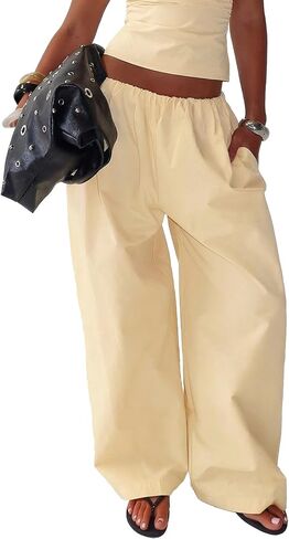 Just Quella Women's Oversized Lightweight No Stretch Y2K Wide Leg Elastic Waist Baggy Pants Streetwear with Pockets in Saudi Arabia
