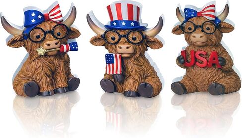 Xuhal 3 Pcs 4th of July Decorations Patriotic Highland Cow Decor Figurines Wooden Signs Memorial Day Highland Cow USA Star Stripes Cows for 250th Anniversary Home Office Farmhouse Tiered Tray Shelf in Saudi Arabia