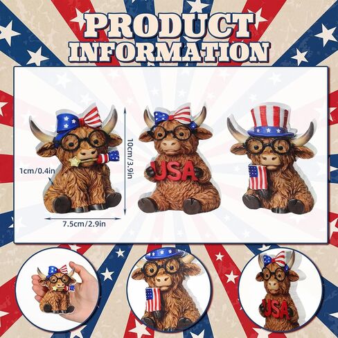 Xuhal 3 Pcs 4th of July Decorations Patriotic Highland Cow Decor Figurines Wooden Signs Memorial Day Highland Cow USA Star Stripes Cows for 250th Anniversary Home Office Farmhouse Tiered Tray Shelf in Saudi Arabia