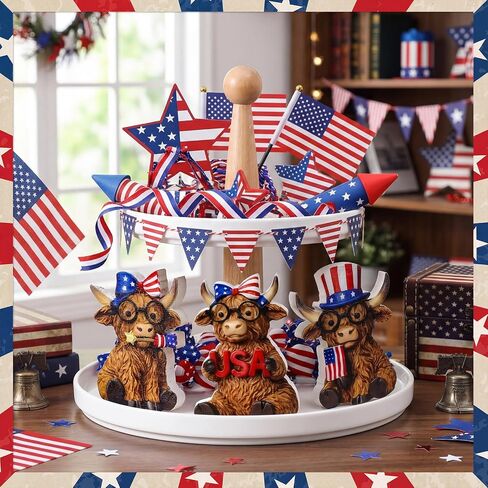Xuhal 3 Pcs 4th of July Decorations Patriotic Highland Cow Decor Figurines Wooden Signs Memorial Day Highland Cow USA Star Stripes Cows for 250th Anniversary Home Office Farmhouse Tiered Tray Shelf in Saudi Arabia