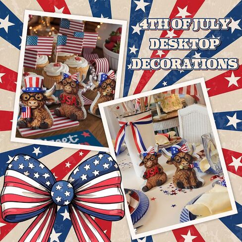 Xuhal 3 Pcs 4th of July Decorations Patriotic Highland Cow Decor Figurines Wooden Signs Memorial Day Highland Cow USA Star Stripes Cows for 250th Anniversary Home Office Farmhouse Tiered Tray Shelf in Saudi Arabia