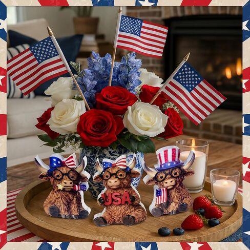 Xuhal 3 Pcs 4th of July Decorations Patriotic Highland Cow Decor Figurines Wooden Signs Memorial Day Highland Cow USA Star Stripes Cows for 250th Anniversary Home Office Farmhouse Tiered Tray Shelf in Saudi Arabia