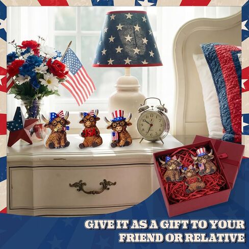 Xuhal 3 Pcs 4th of July Decorations Patriotic Highland Cow Decor Figurines Wooden Signs Memorial Day Highland Cow USA Star Stripes Cows for 250th Anniversary Home Office Farmhouse Tiered Tray Shelf in Saudi Arabia