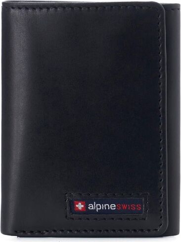 Alpine Swiss Men's Leon RFID Trifold Pocket Wallet – Genuine Leather Wallet for Men, Slim Design with ID Window & Multiple Card Slots, Classic RFID Safe Pocket Wallet in gift box Glossy Nappa Black in Kuwait
