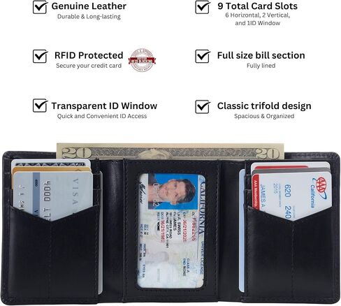 Alpine Swiss Men's Leon RFID Trifold Pocket Wallet – Genuine Leather Wallet for Men, Slim Design with ID Window & Multiple Card Slots, Classic RFID Safe Pocket Wallet in gift box Glossy Nappa Black in Kuwait