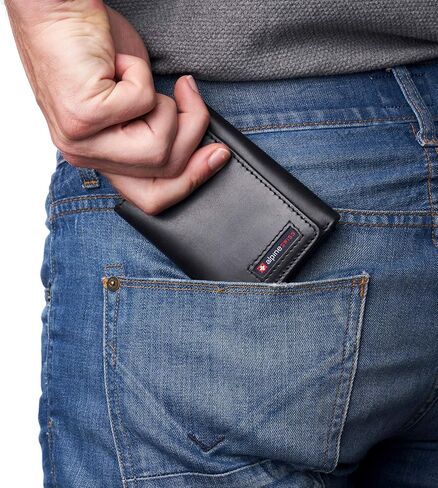 Alpine Swiss Men's Leon RFID Trifold Pocket Wallet – Genuine Leather Wallet for Men, Slim Design with ID Window & Multiple Card Slots, Classic RFID Safe Pocket Wallet in gift box Glossy Nappa Black in Kuwait