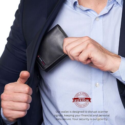 Alpine Swiss Men's Leon RFID Trifold Pocket Wallet – Genuine Leather Wallet for Men, Slim Design with ID Window & Multiple Card Slots, Classic RFID Safe Pocket Wallet in gift box Glossy Nappa Black in Kuwait