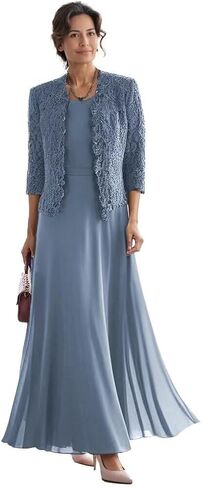 2 Piece Mother of The Bride Dresses with Jacket Lace Chiffon Tea Length 3/4 Sleeve Formal Dress for Women WQ11 in Saudi Arabia