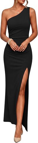 Caracilia Womens Summer One Shoulder Formal Dress Bodycon Ruched High Split Wedding Guest Cocktail Party Maxi Dresses in Kuwait