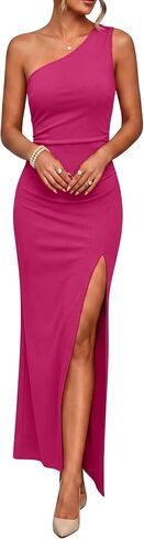 Caracilia Womens Summer One Shoulder Formal Dress Bodycon Ruched High Split Wedding Guest Cocktail Party Maxi Dresses in Kuwait
