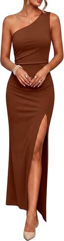 Caracilia Womens Summer One Shoulder Formal Dress Bodycon Ruched High Split Wedding Guest Cocktail Party Maxi Dresses in Kuwait