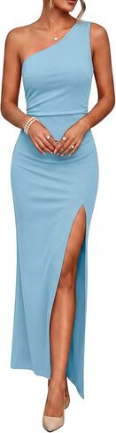 Caracilia Womens Summer One Shoulder Formal Dress Bodycon Ruched High Split Wedding Guest Cocktail Party Maxi Dresses in Kuwait