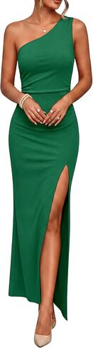 Caracilia Womens Summer One Shoulder Formal Dress Bodycon Ruched High Split Wedding Guest Cocktail Party Maxi Dresses in Kuwait