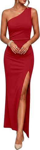Caracilia Womens Summer One Shoulder Formal Dress Bodycon Ruched High Split Wedding Guest Cocktail Party Maxi Dresses in Kuwait